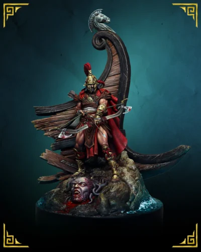 Odysseus 75mm resin miniature, front view with bow and crested helmet