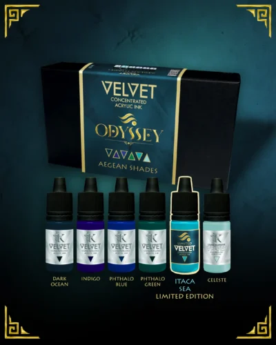 Aegean Shades Set, six Kimera Kolors Velvet acrylic inks including Itaca Sea limited edition