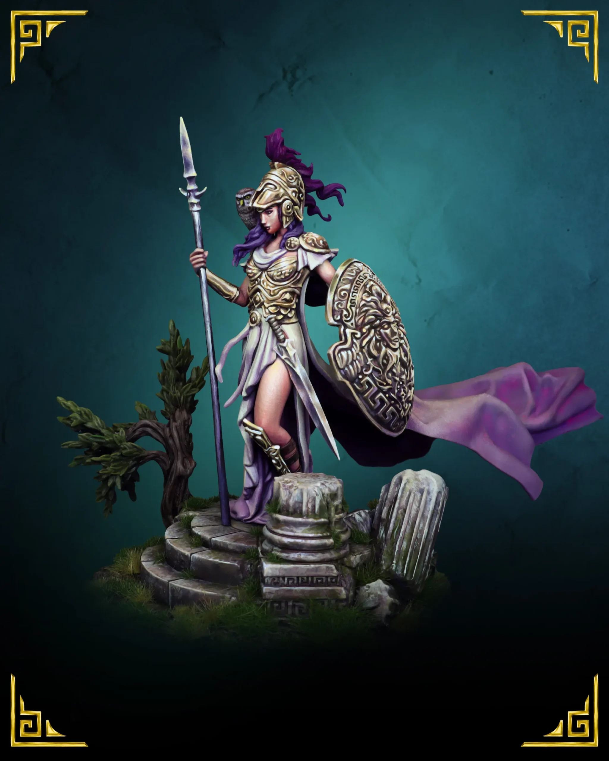 Athena 75mm resin miniature, front view with spear and Gorgon shield