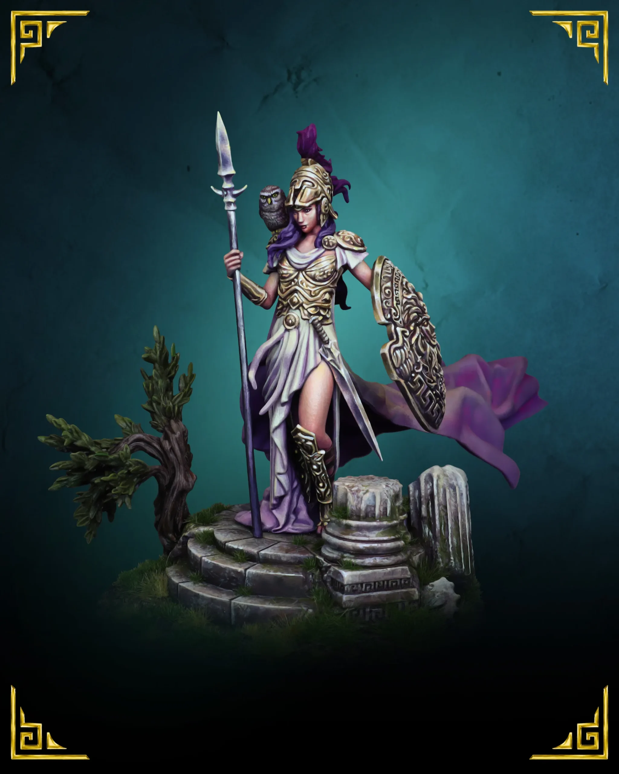 Athena 75mm resin miniature, three-quarter view with owl on helmet