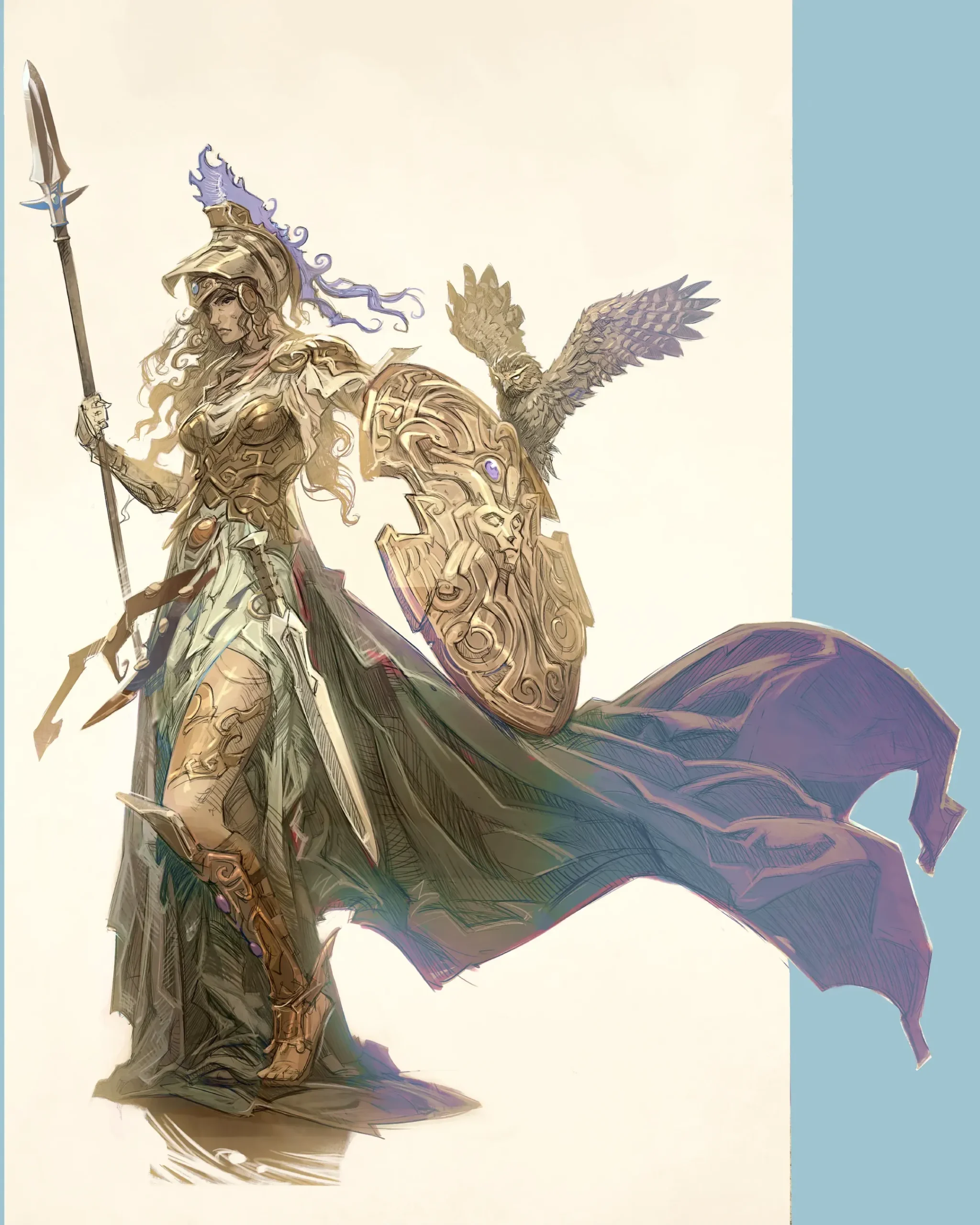 Athena 75mm resin miniature, concept art by Stefano Moroni with spear, Gorgon shield and owl