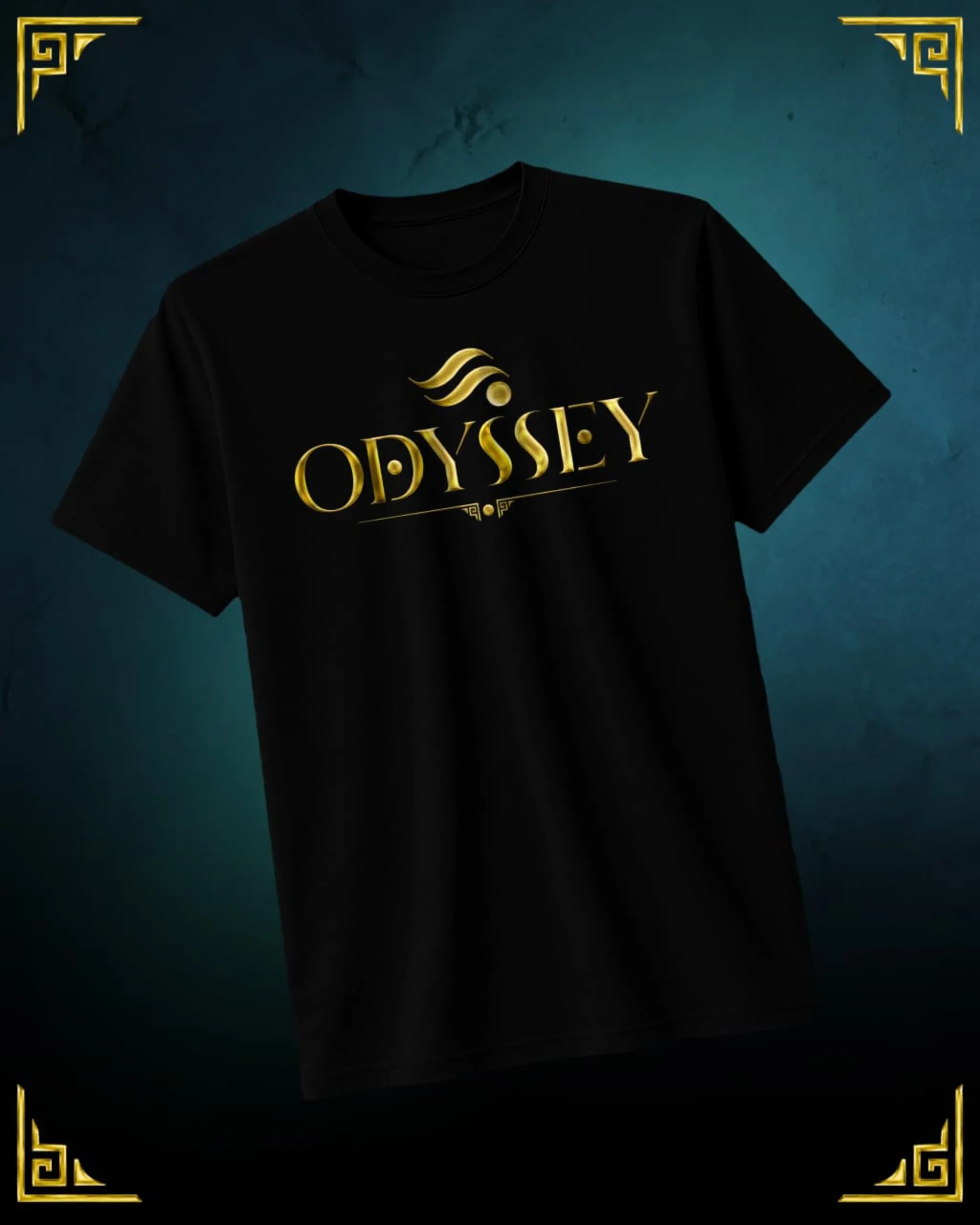 Odyssey T-shirt, Black with Odyssey Logo design in gold print