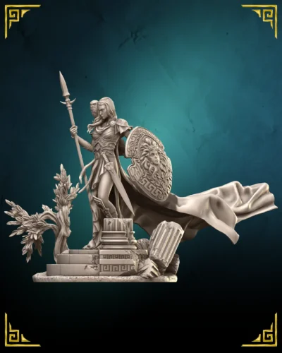 Athena 75mm resin miniature, three-quarter view with spear, Medusa shield and flowing cloak on temple ruins base