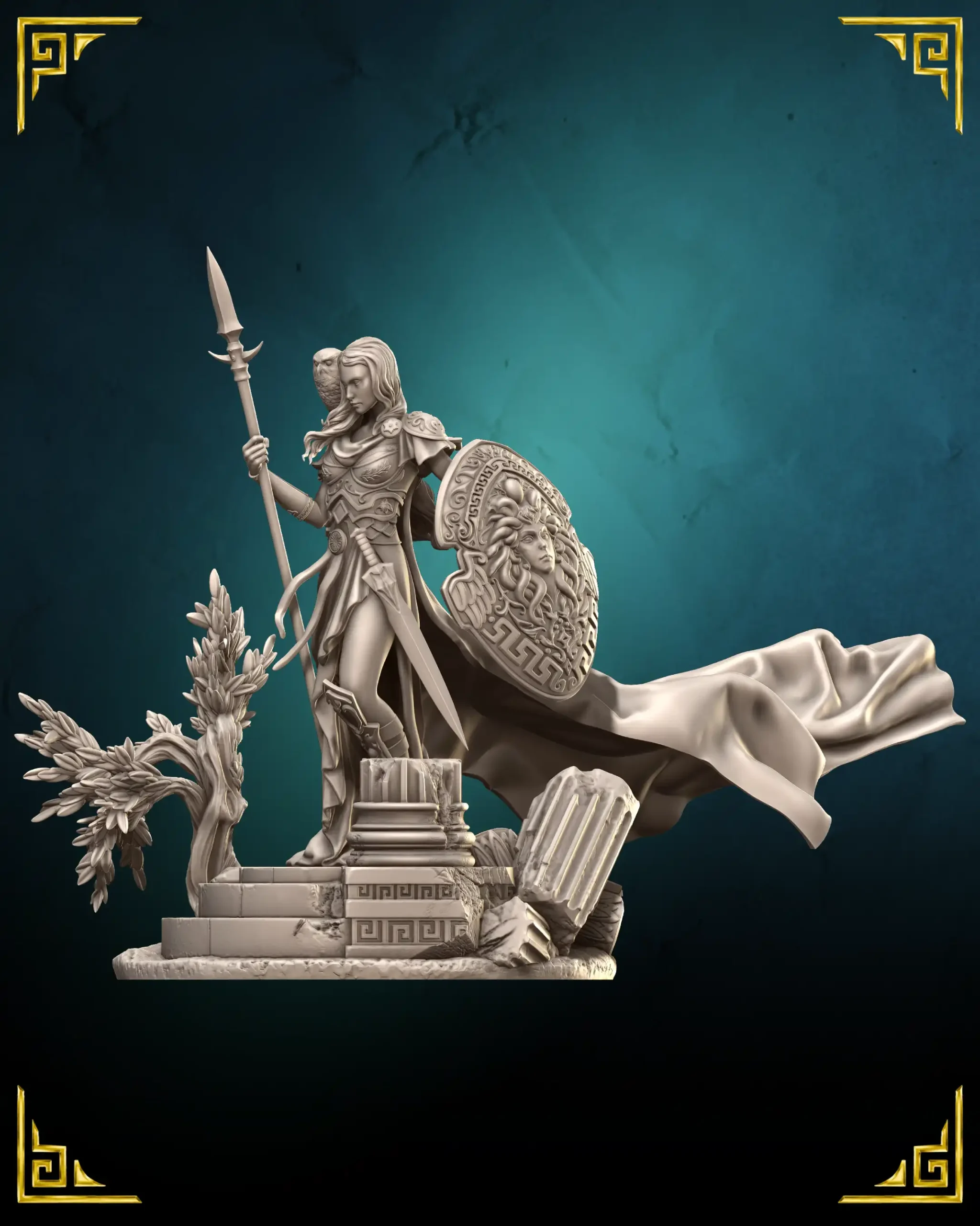 Athena 75mm resin miniature, three-quarter view with spear, Medusa shield and flowing cloak on temple ruins base