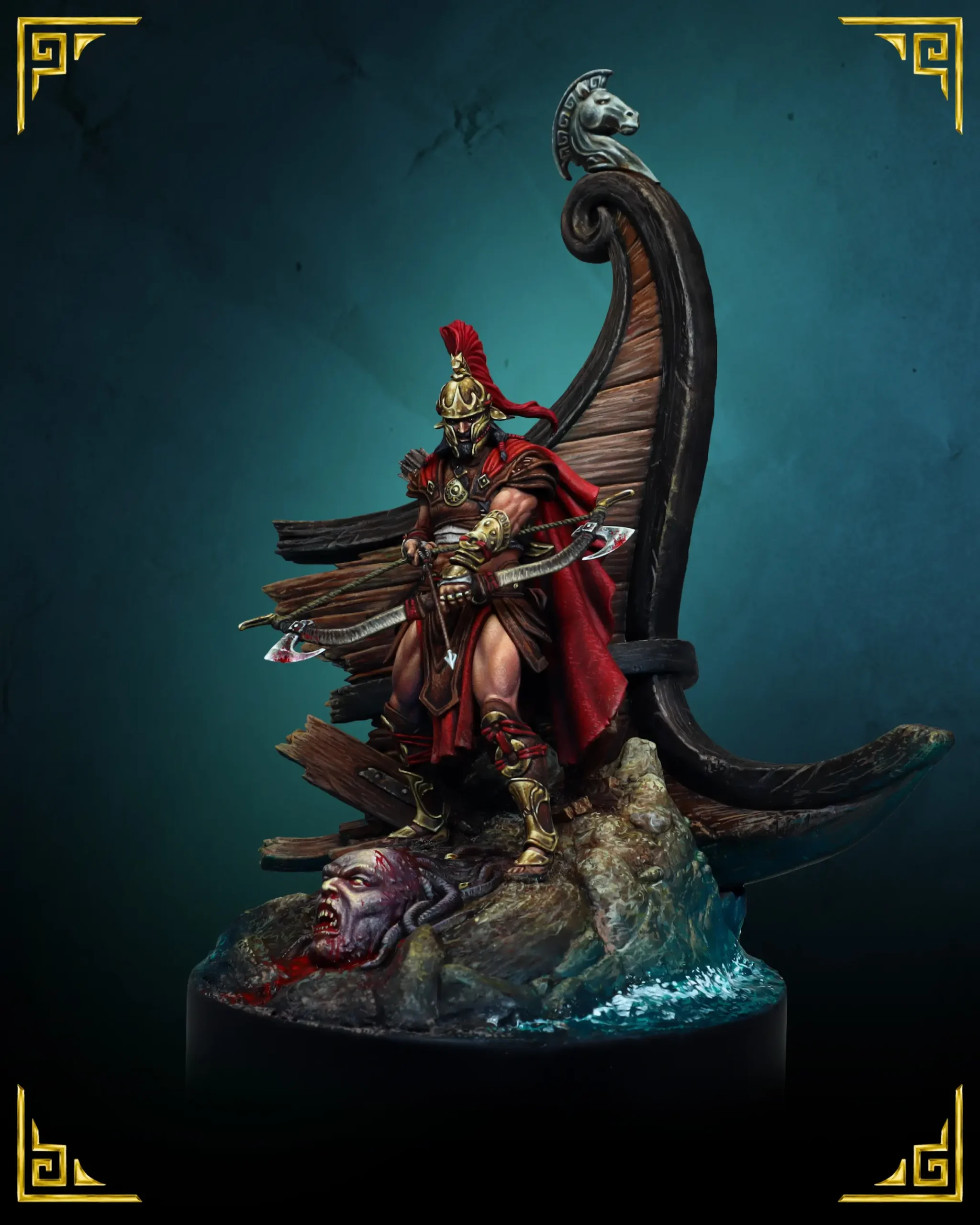 =dysseus 75mm resin miniature, three-quarter view with red cloak and quiver