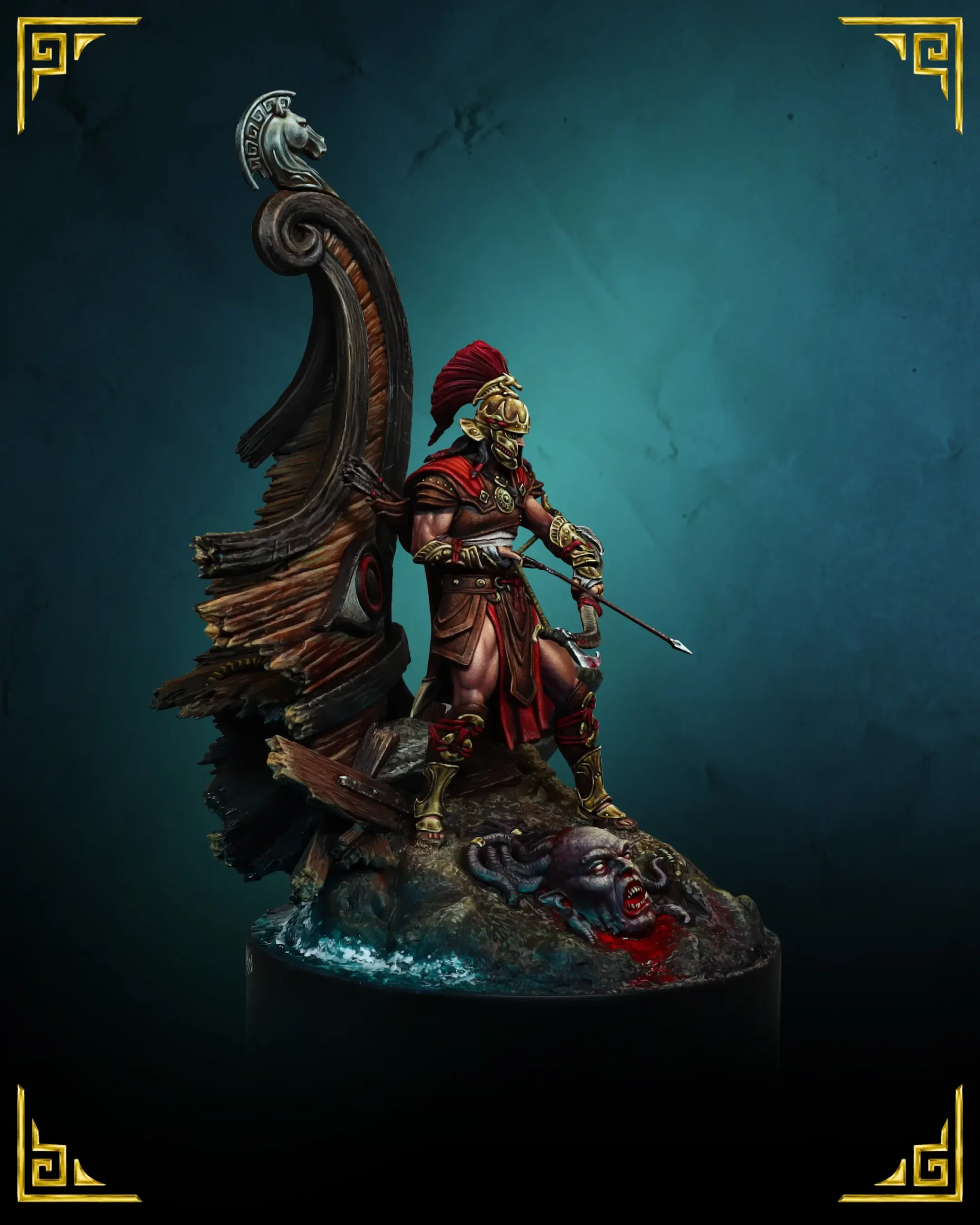 Odysseus 75mm resin miniature, side view of the horse-head prow and Gorgon head base