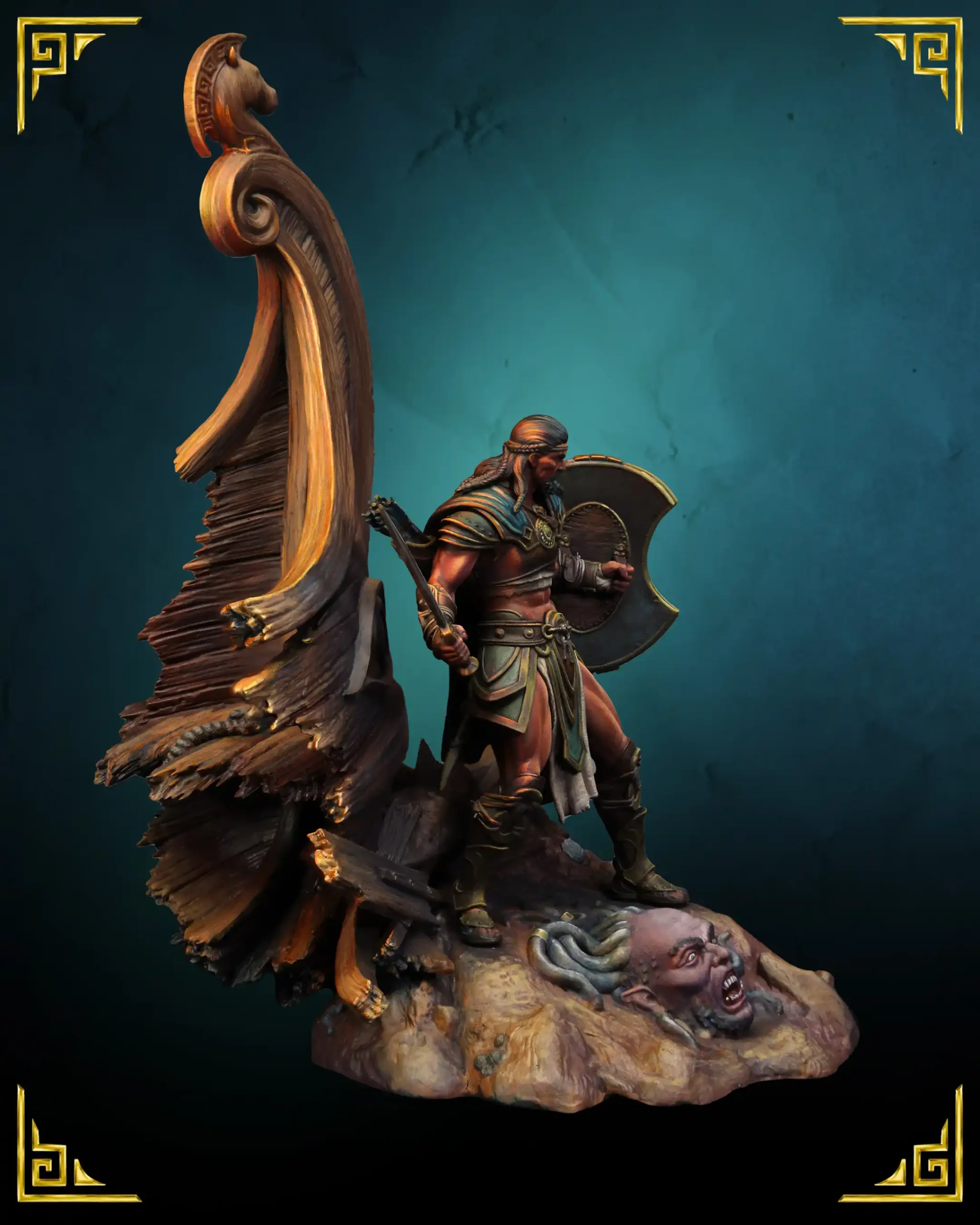 Odysseus 75mm resin miniature painted by Federico Rovida, three-quarter view with ship's prow and Medusa head base