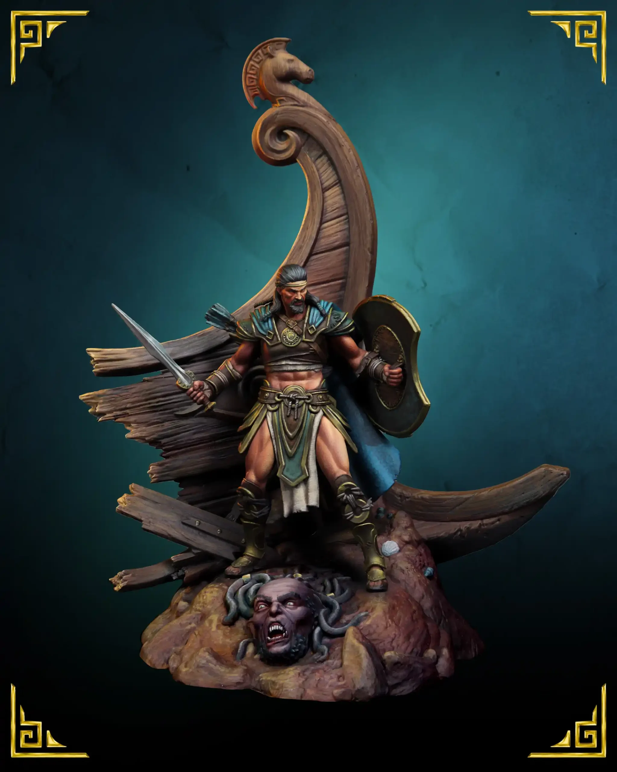 Odysseus 75mm resin miniature painted by Federico Rovida, front view with sword and shield