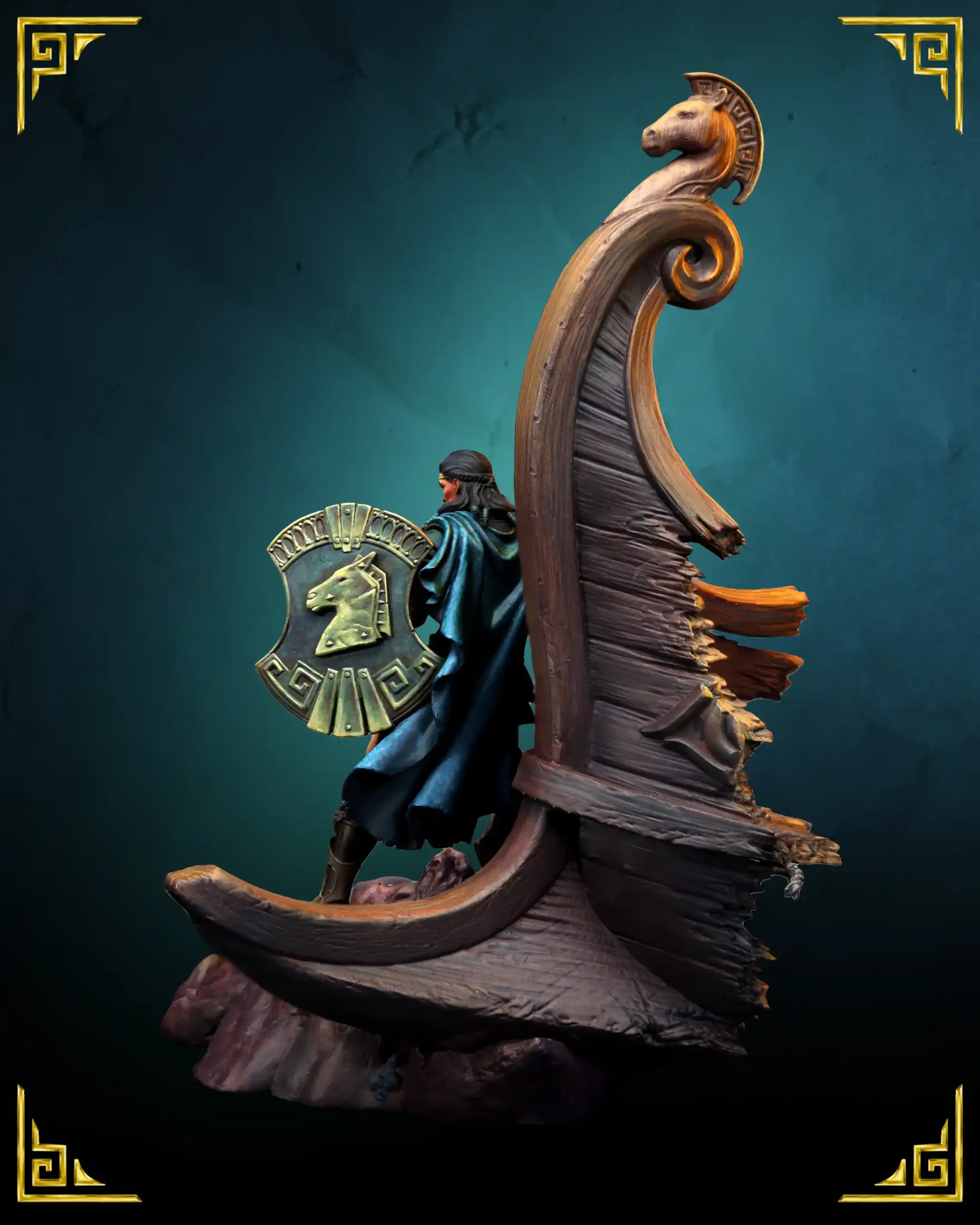 Odysseus 75mm resin miniature painted by Federico Rovida, three-quarter view with ship's prow and Medusa head base