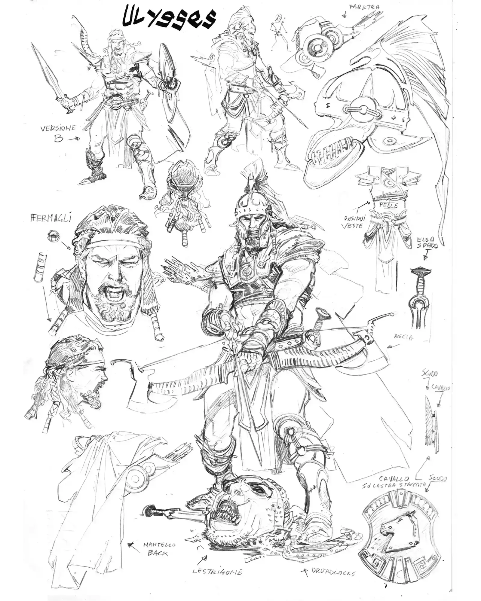 Odysseus 75mm resin miniature, original concept art with weapon and armour studies