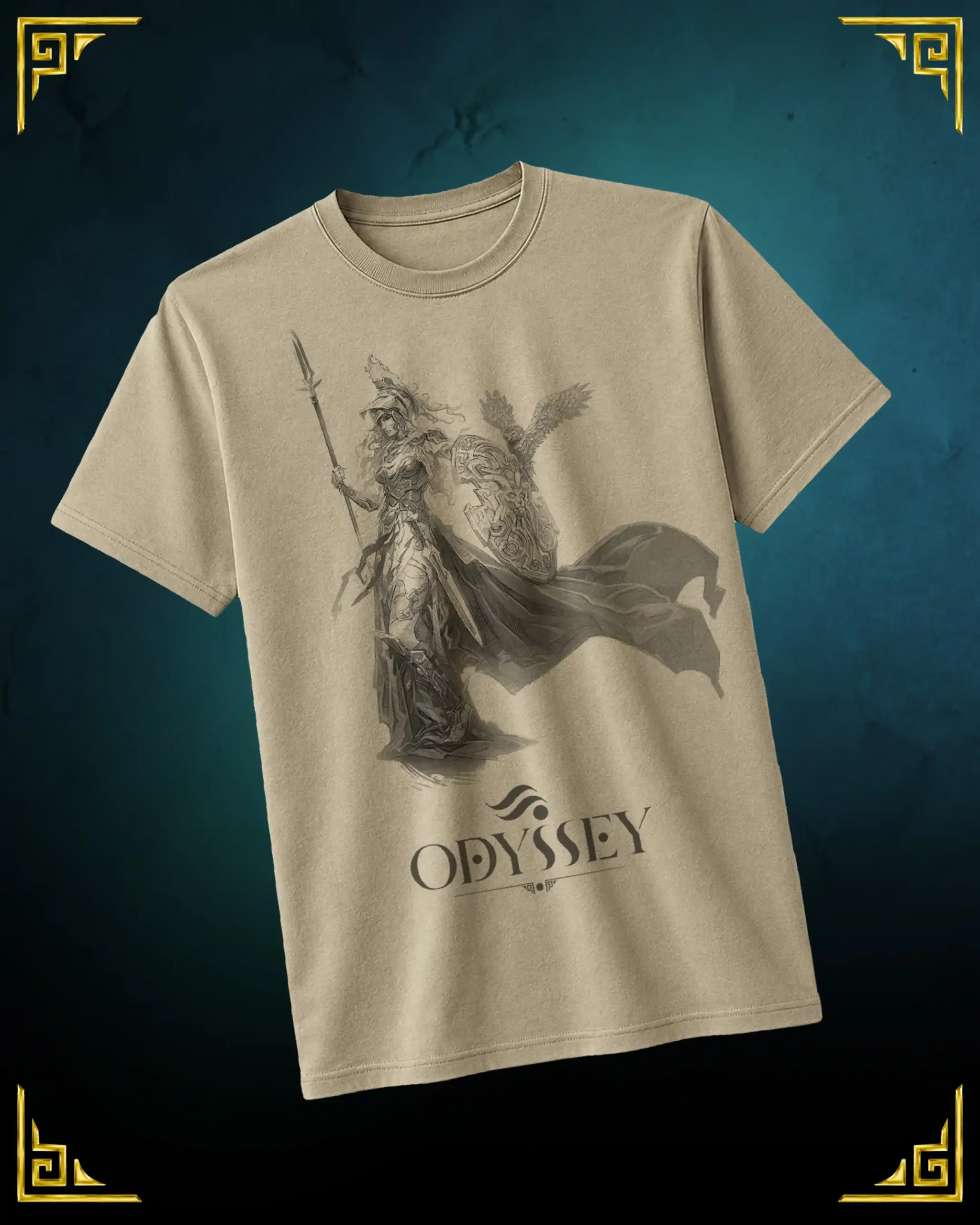 Odyssey T-shirt, Athena design printed on sand cotton
