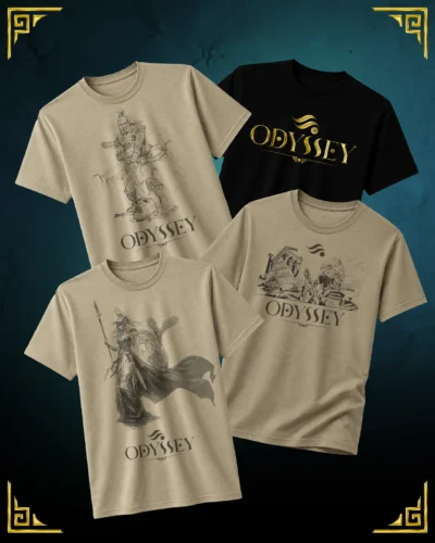 Four Odyssey T-shirt designs: Odysseus, Athena, Ithaca ruins and the gold Odyssey logo