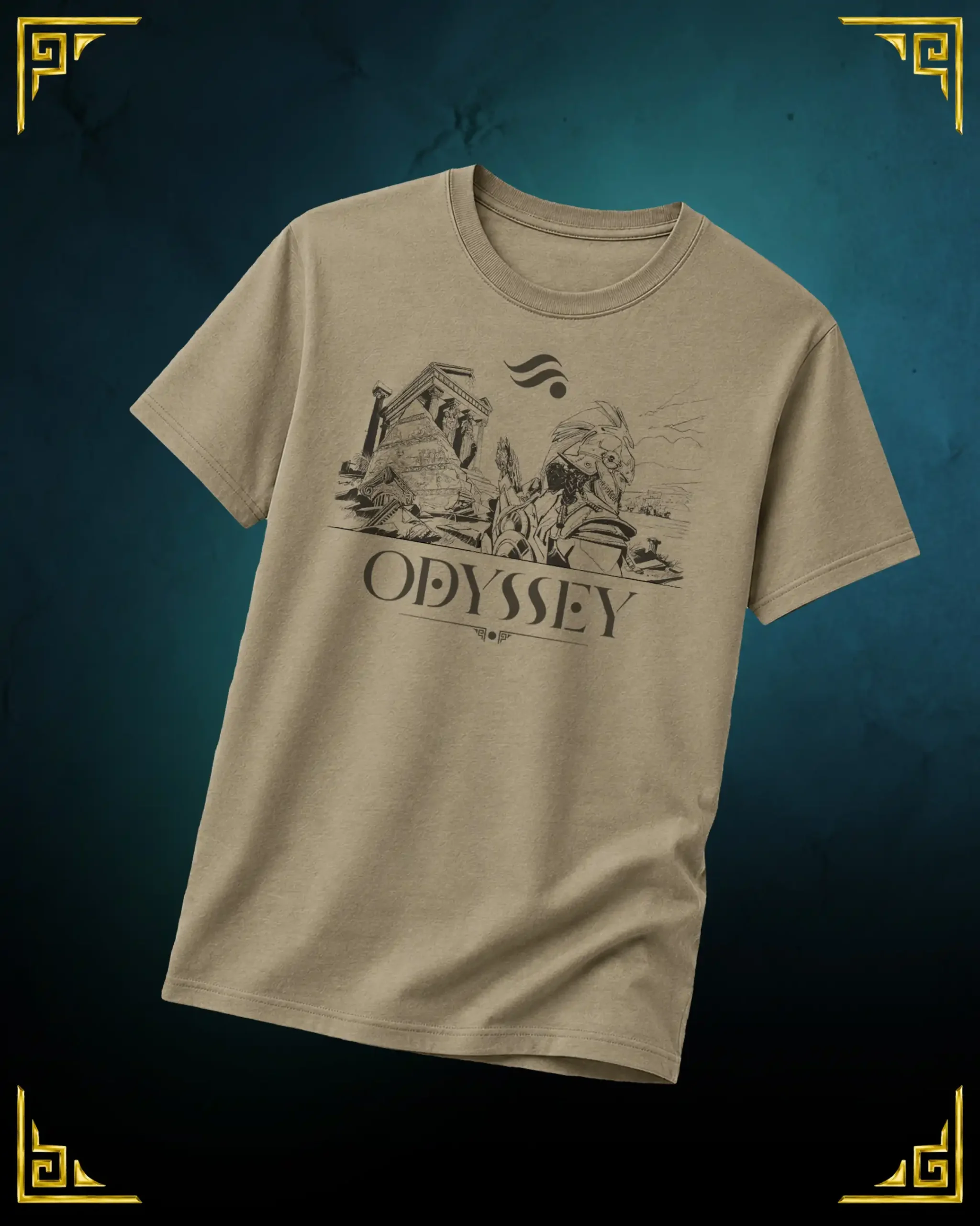 Odyssey T-shirt, Ithaca ruins design printed on sand cotton