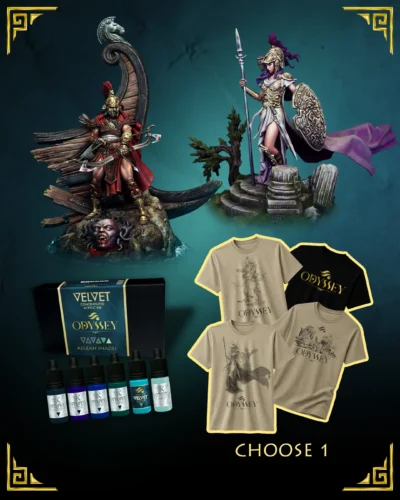 The Exile Bundle from the Odyssey Collection: Odysseus and Athena 75mm resin miniatures, Aegean Shades paint set with 6 inks and one Odyssey T-shirt of your choice