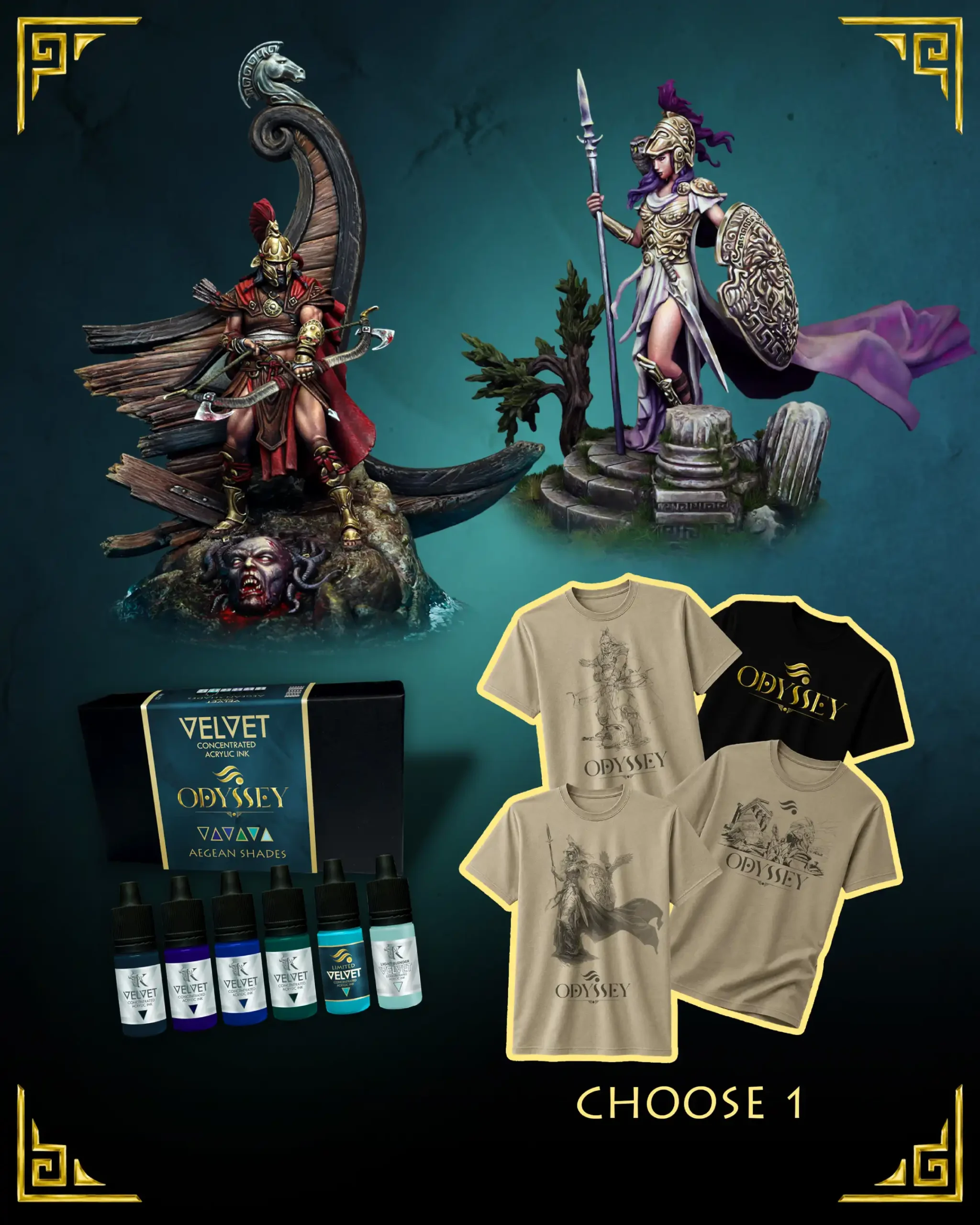 The Exile Bundle from the Odyssey Collection: Odysseus and Athena 75mm resin miniatures, Aegean Shades paint set with 6 inks and one Odyssey T-shirt of your choice