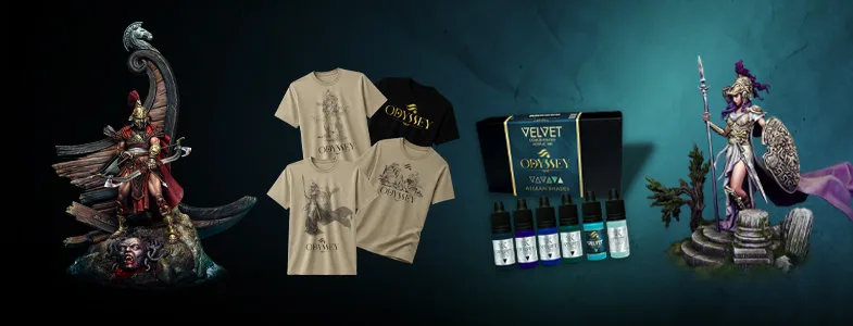 The Exile Bundle: Odysseus and Athena 75mm resin miniatures, Aegean Shades paint set and Odyssey T-shirt design